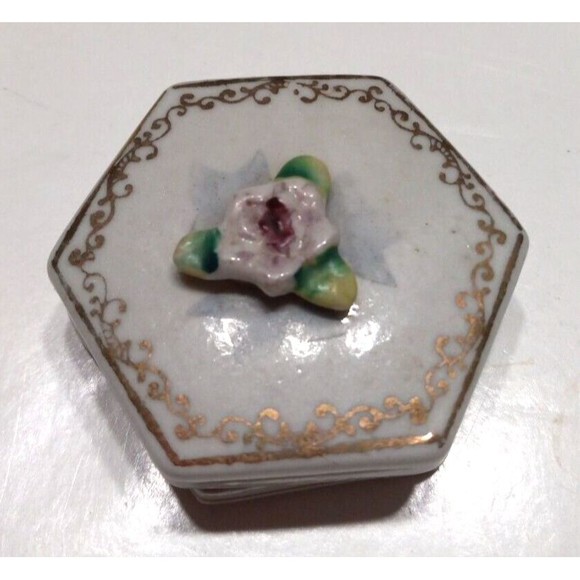 Vintage Hand Painted Porcelain Trinket Box Occupied Japan Floral Hexagon FLAW - Picture 1 of 5